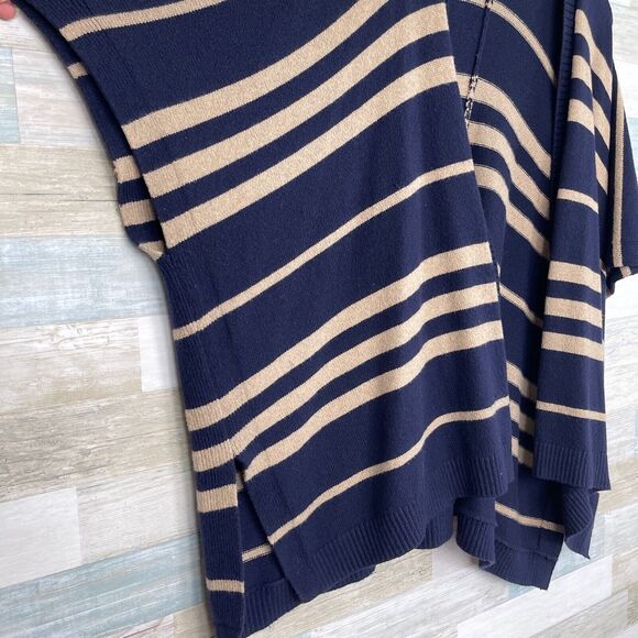 GAP Striped Poncho Sweater Navy Blue Tan Wool Camel Hair Womens OS One Size - Picture 3 of 9